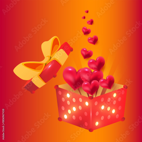 A vibrant, glowing gift box opens to reveal glossy, floating 3D hearts on a gradient background, symbolizing love, celebration, and romance.