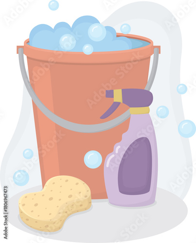 Still life illustration with bucket of foam, spray bottle of cleaning detergent, sponge and soap bubbles. Composition with cleaning supplies