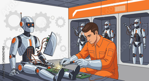 Servicing the future: A technician meticulously repairs a robot in a high-tech facility