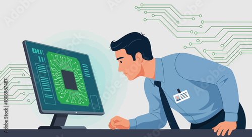 Software engineer analyzing a microchip schematic on a computer screen attentively