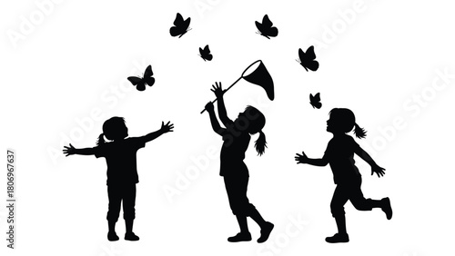 Children chasing butterflies silhouette isolated on white background, Vector