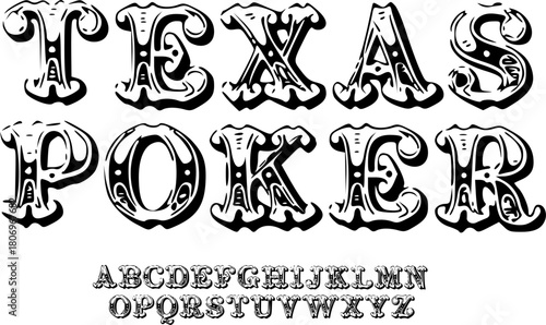 Vintage Western Font – Ornamental Alphabet Typeface ‘Texas Poker’ with Decorative Wild West Style for Retro Branding and Typography Design