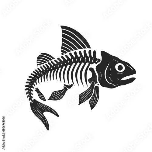 Fish skeleton illustration with black ink on white background
