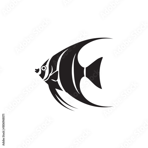 Angelfish silhouette isolated on white background, showcasing its unique shape and flowing fins in a minimalist and elegant aquatic design
