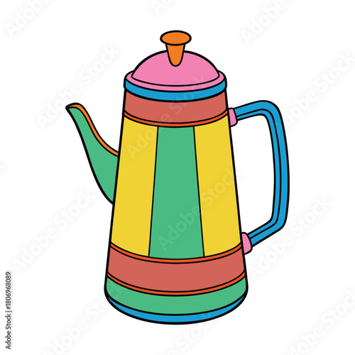 A vibrant coffee kettle shines with a mix of bold colors, sleek curves, and a glossy finish, ready to brew your favorite coffee with style and charm.
