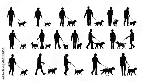 People walking dogs silhouettes isolated on white background, Vector