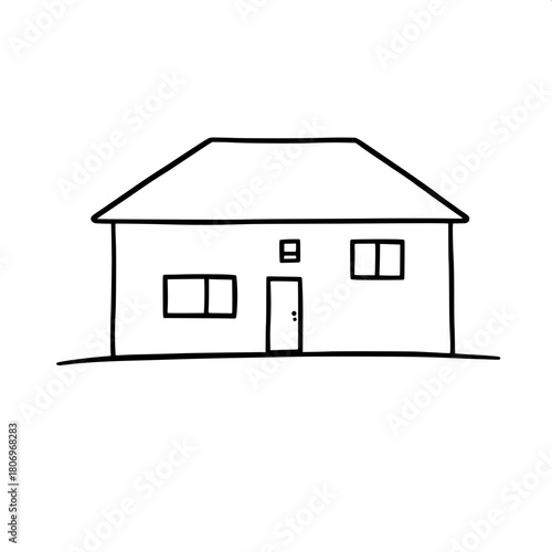 Ultra-minimal illustration of a house, front-facing and perfectly centered, with no shading, bold black strokes, and a highly simplified architectural structure, featuring clean lines, basic geometric