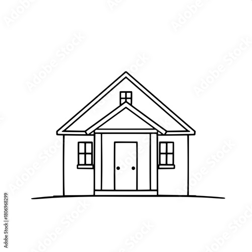 Ultra-minimal illustration of a house, front-facing and perfectly centered, with no shading, bold black strokes, and a highly simplified architectural structure, featuring clean lines, basic geometric