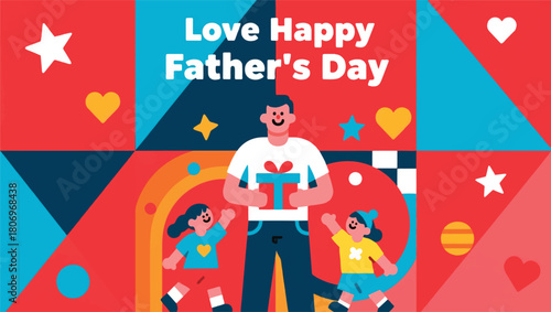 Illustration Of A Father Holding A Gift And Two Children Approaching Him, With The Words Love Happy Father's Day Vector Design Template