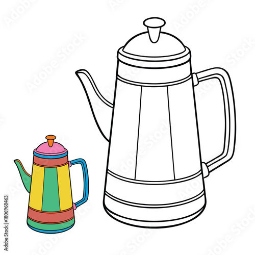 A vibrant coffee kettle coloring page featuring a charming kettle with bold patterns, ready to spark creativity and bring playful colors to every detail.
