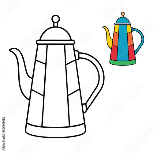 A vibrant coffee kettle coloring page featuring a charming kettle with bold patterns, ready to spark creativity and bring playful colors to every detail.
