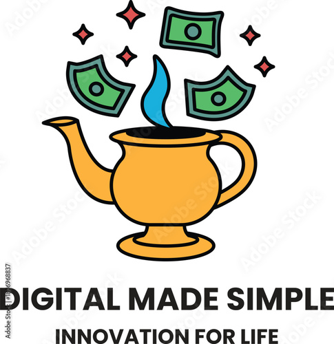 A black and white image of a teapot with money falling out of it