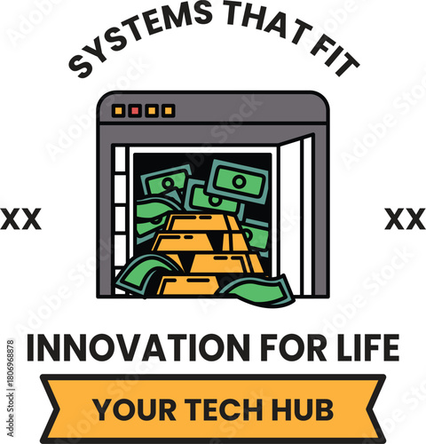 A white and black logo with a lot of money