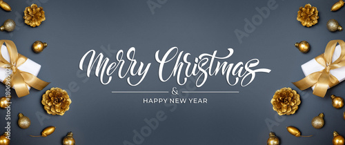 Merry Christmas and Happy New Year greeting card, frame, and banner. Holidays design. Noel and Feliz Navidad. Christmas gifts and decorations, top view. Flat lay.