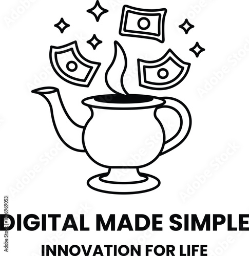 A black and white image of a teapot with money falling out of it