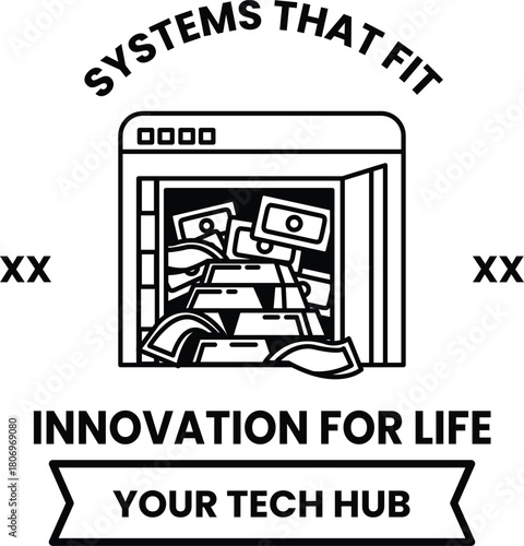 A white and black logo with a lot of money