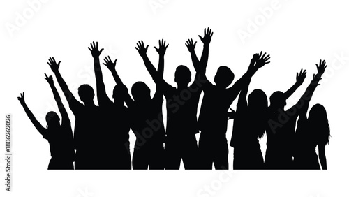 Jubilant crowd silhouette with raised hands isolated on white background, Vector