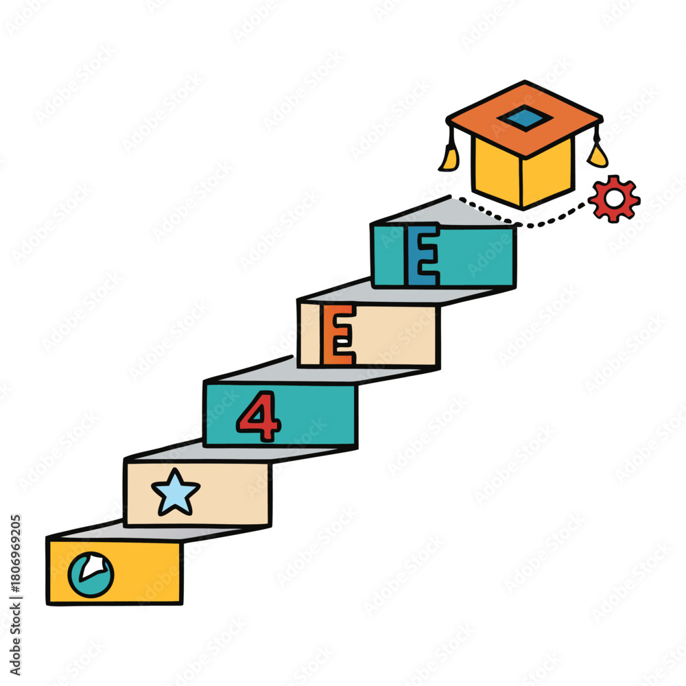 Fototapeta premium A clear education step infographic showing stages of learning, from basics to advanced levels, with icons and arrows guiding the path of knowledge growth.