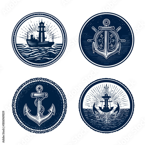 Nautical illustrations Lighthouse, ship, anchor and helm in circles