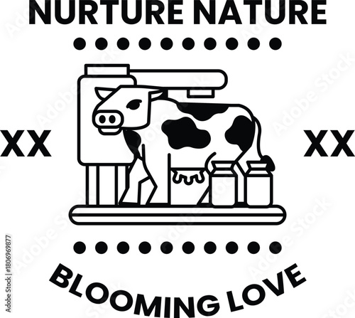 A black and white image of a cow with a milk machine