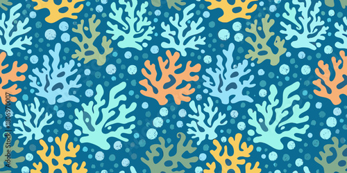 Colorful coral reef seamless pattern with bubbles on blue background