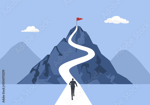 businessman journey concept vector illustration of a mountain with path and a flag at the top, route to mountain peak, business journey and planning concept