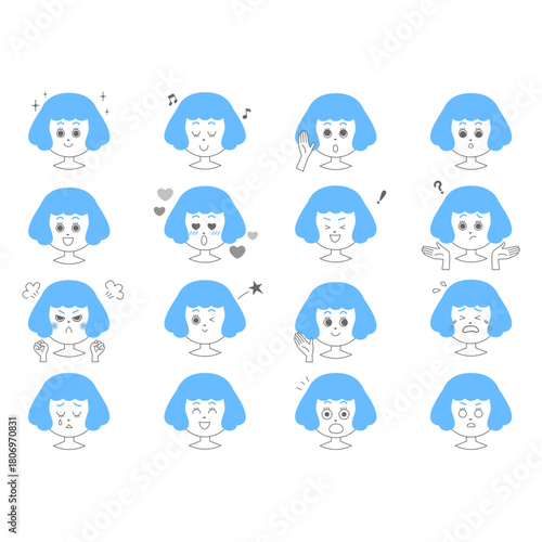 青い髪の女の子の表情違いの顔