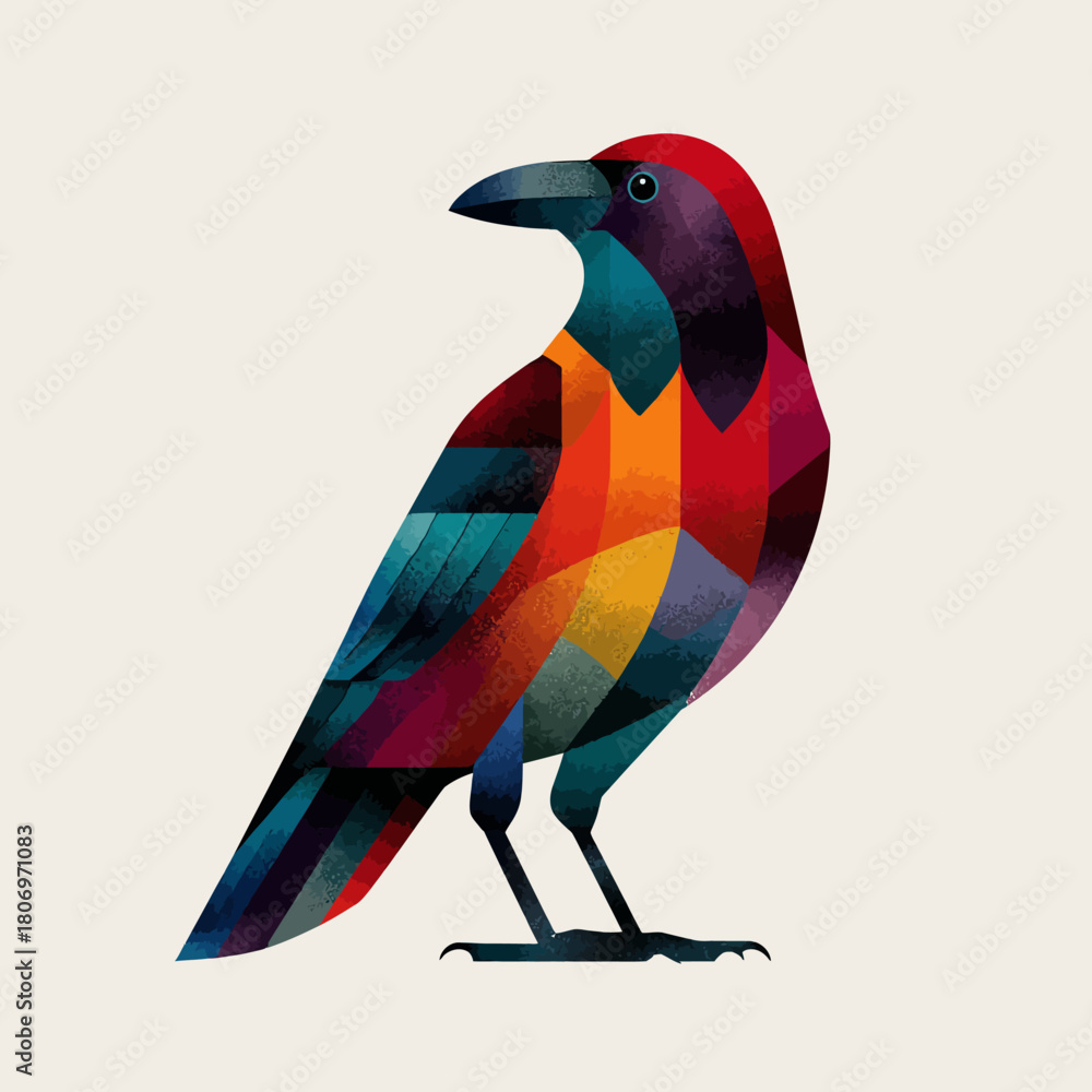 Obraz premium Colorful geometric crow profile against plain background