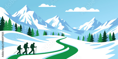 Winter mountain hiking illustration with hikers walking on snowy landscape, pine trees and alpine peaks, outdoor trekking adventure, nature background design, scenic vector artwork for travel