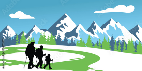 Winter mountain hiking illustration with hikers walking on snowy landscape, pine trees and alpine peaks, outdoor trekking adventure, nature background design, scenic vector artwork for travel