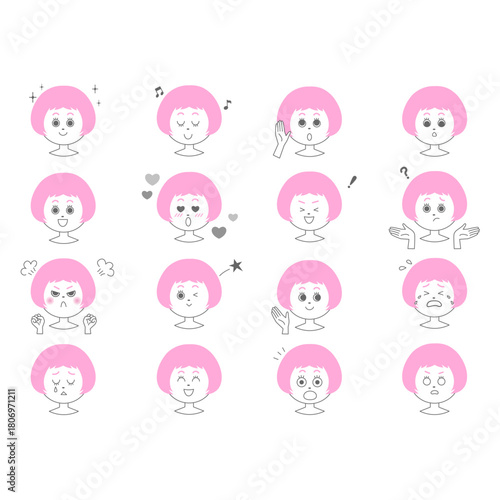 ピンクの髪の女の子の表情違いの顔