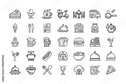 Collection of restaurant related icons on transparent background silhouette