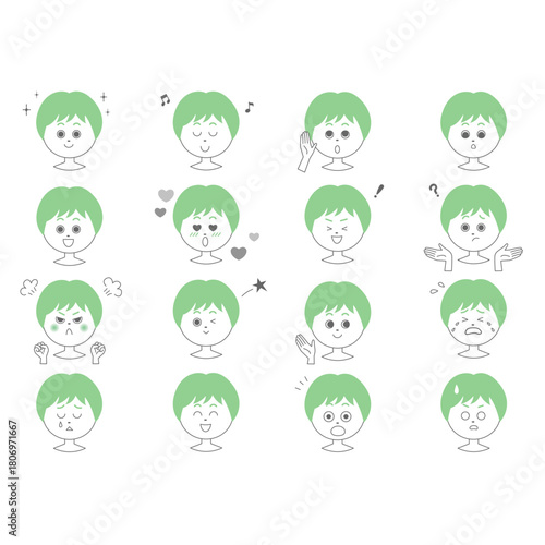 緑の髪の男の子の表情違いの顔