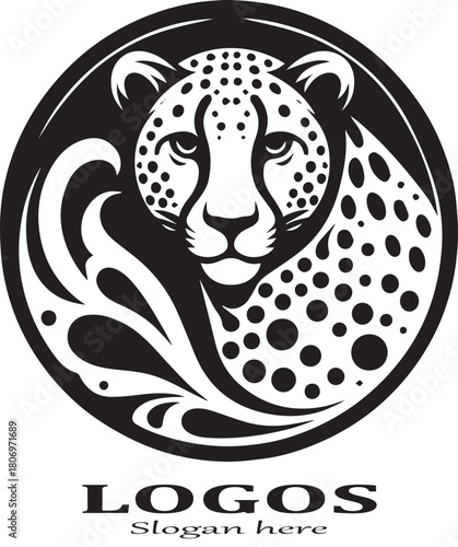 Black and white vector logo of a cheetah head and body forming a circular Yin and Yang design with spots and stylized flowing elements.