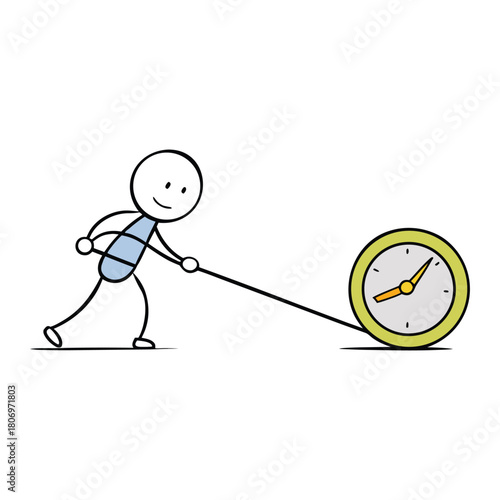 A stickman strains to pull back time, gripping a giant clock hand with determination. Lines of motion swirl around him as he fights to reverse the ticking flow of moments.
