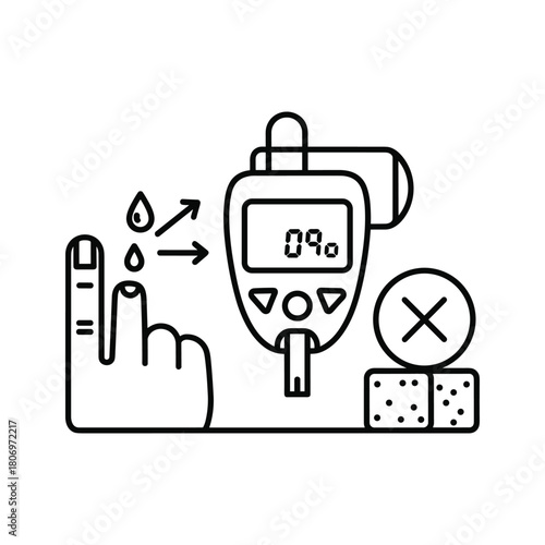 Diabetes blood glucose monitoring with a glucometer, finger prick, and sugar cubes, isolated on