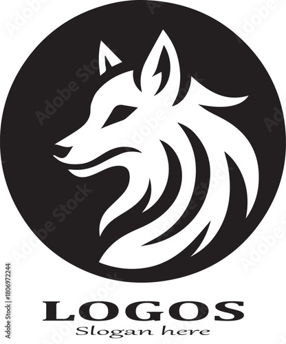 Black and white vector logo of a stylized wolf or fox head in profile with bold fur lines, set inside a solid black circular frame