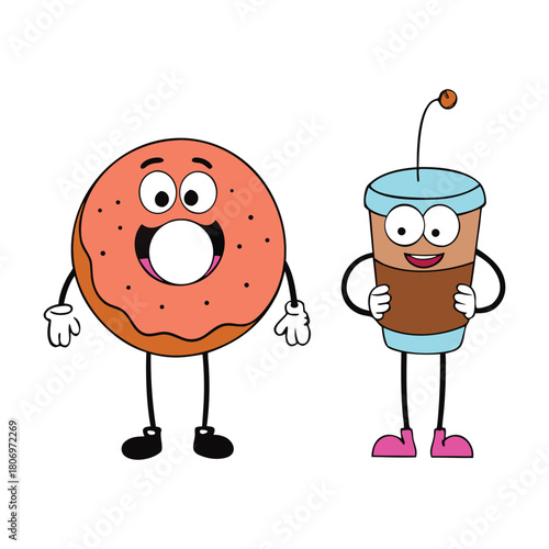 A playful cartoon coffee cup and cheerful donut, smiling and dancing together, bringing fun, sweetness, and morning joy in a whimsical, colorful scene.
