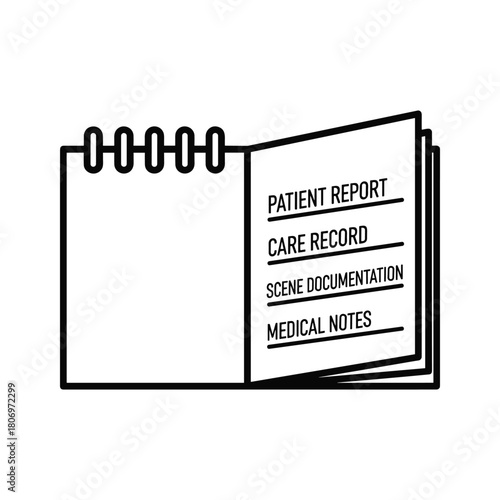 Open notebook with medical records and patient report, isolated on
