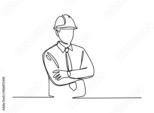 One line drawing of a construction supervisor with folded arms. Minimalist continuous line engineer illustration isolated on white background.