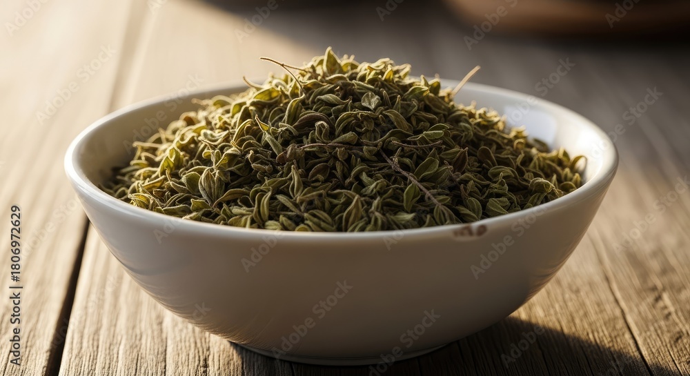 Fototapeta premium Dried oregano fills a white bowl, set on a weathered wooden table, capturing sunlight