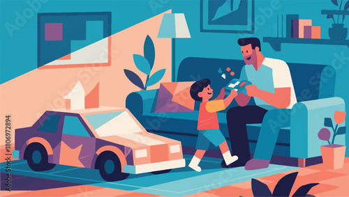 Illustration Of A Father Playing With His Child In The House Vector Design Template