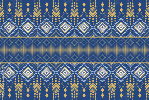 Thai geometric textile pattern in blue and gold, seamless ethnic fabric design with traditional diamond motifs.