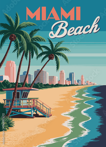 Miami  beach travel poster with skyline, lifeguard house, coast, surf, and ocean waves, vintage vector illustration ideal for decorative wall art and interiors.