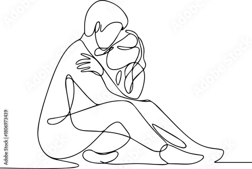 One line drawing of a couple hugging. Minimalist continuous line romantic embrace illustration isolated on white background.