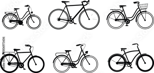 Bicycle silhouettes collection, city bike, cruiser, road bike, utility, compact, flat design, transportation icons, urban mobility, flat vector illustration
