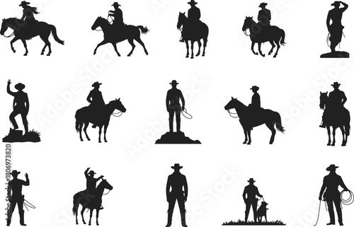 Cowboy silhouette set, horse riding, lasso action, Western poses, ranch life icons, wild west theme, flat vector illustration
