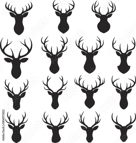 Deer antler silhouette collection, wildlife animal heads, hunting icon set, forest creature shapes, vector graphic bundle – flat vector illustration