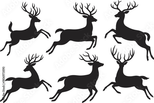 Deer silhouette leaping running motion, wild animal antlers pose, black vector wildlife icon set, nature jump scene – flat vector illustration