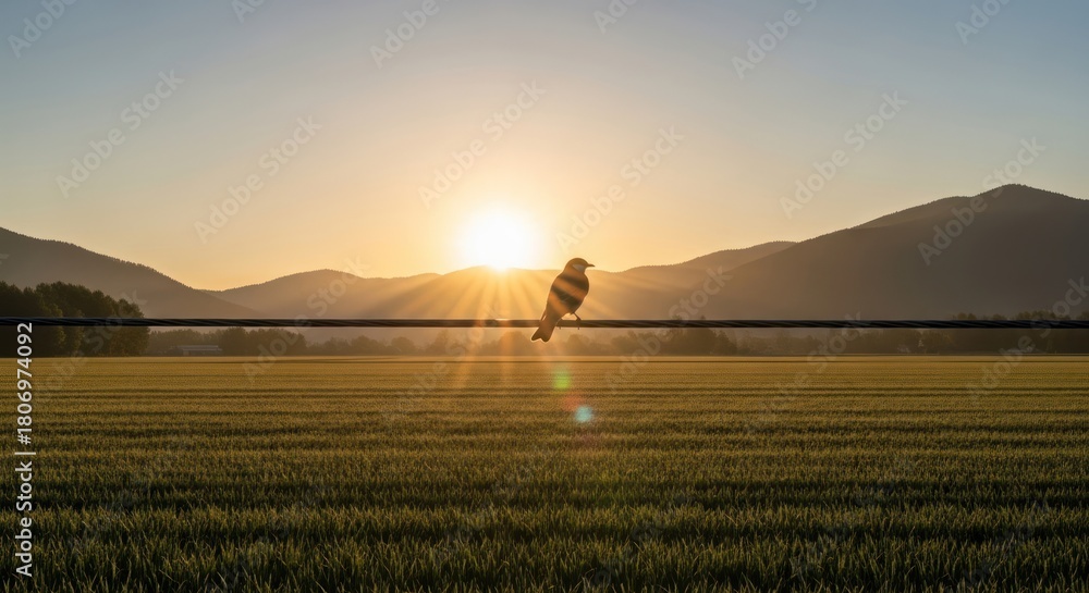 Obraz premium A bird perched on a wire as the sun rises over a field and mountains